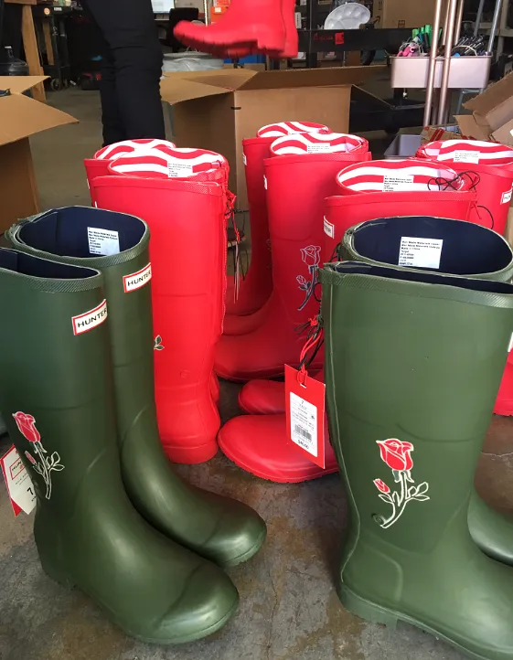 25 Pairs Hunter Boots + 1 Hunter Bag - Custom Painted Rose Bowl Logo - Custom Order