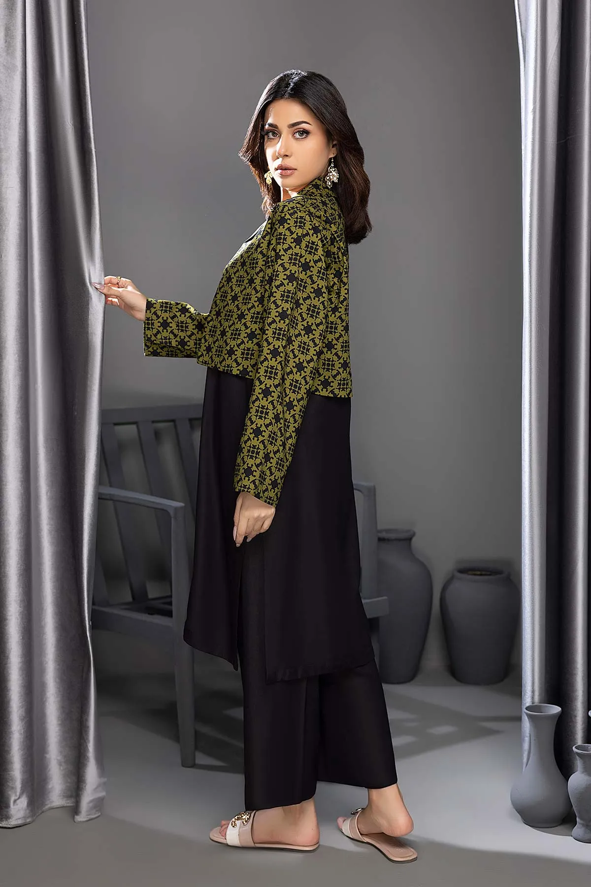 3-Pc Khaddar Long Shirt With Printed Khaddar Vest Coat and Qlot Trouser CPG22-16-S