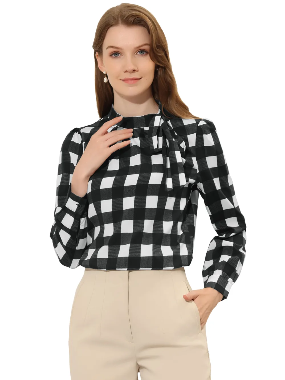 Allegra K- Bow-Tie Neck Blouse Checks Shirt