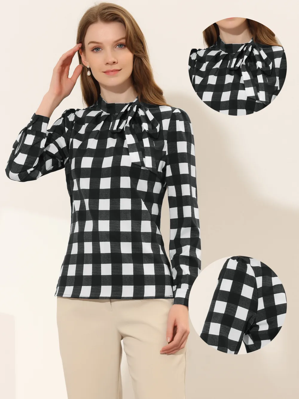 Allegra K- Bow-Tie Neck Blouse Checks Shirt