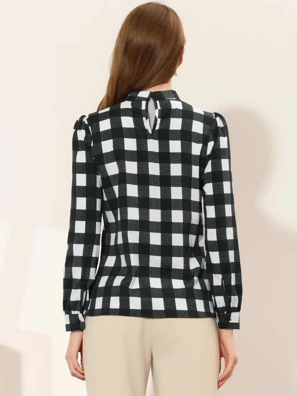 Allegra K- Bow-Tie Neck Blouse Checks Shirt