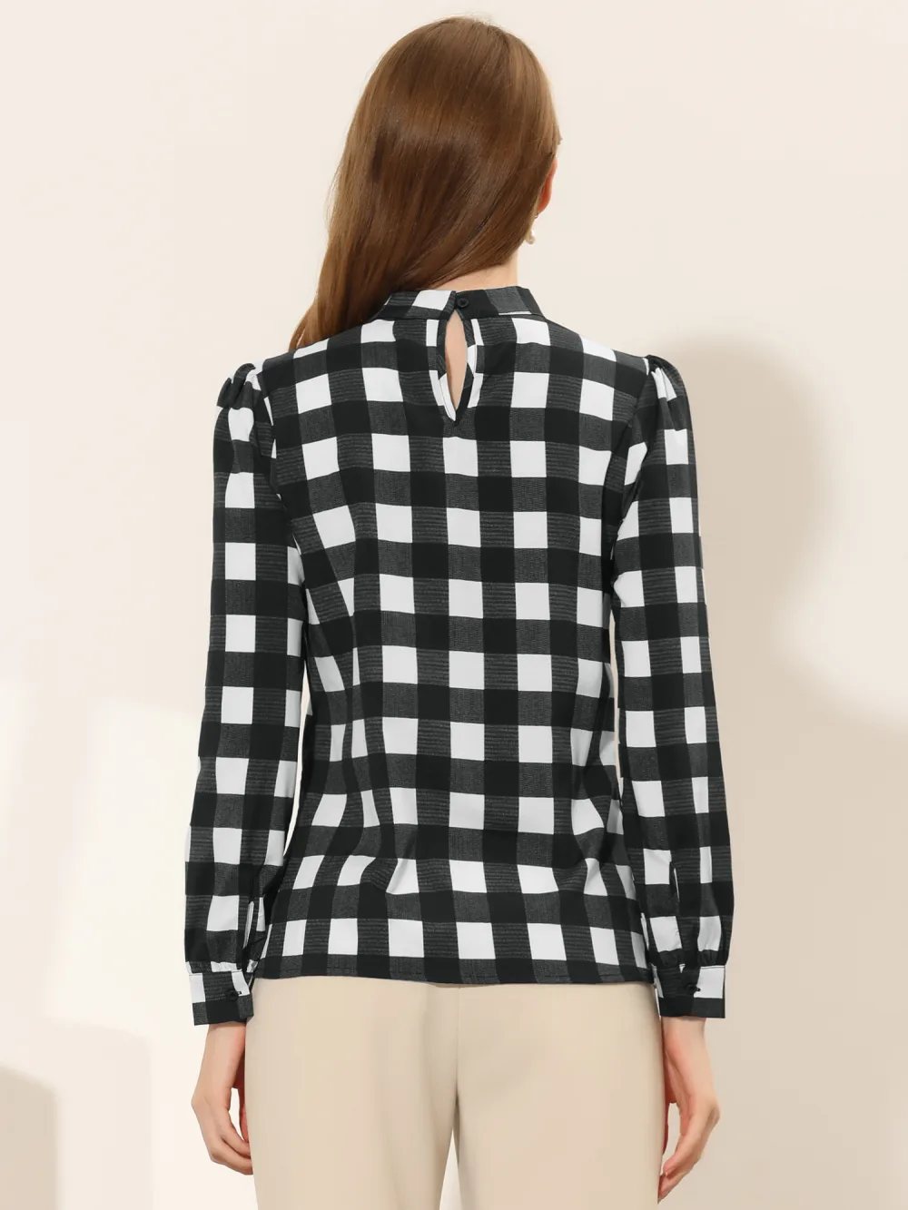 Allegra K- Bow-Tie Neck Blouse Checks Shirt