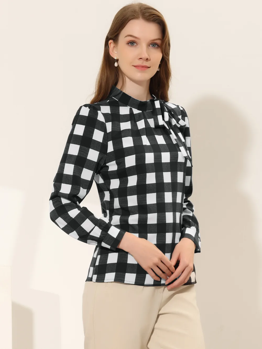 Allegra K- Bow-Tie Neck Blouse Checks Shirt