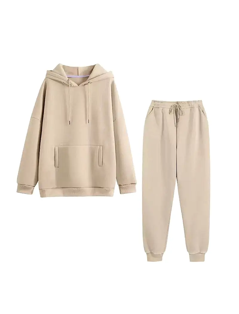 Beige Long Sleeve Top Hoodie and Jogging Pant Coord Set