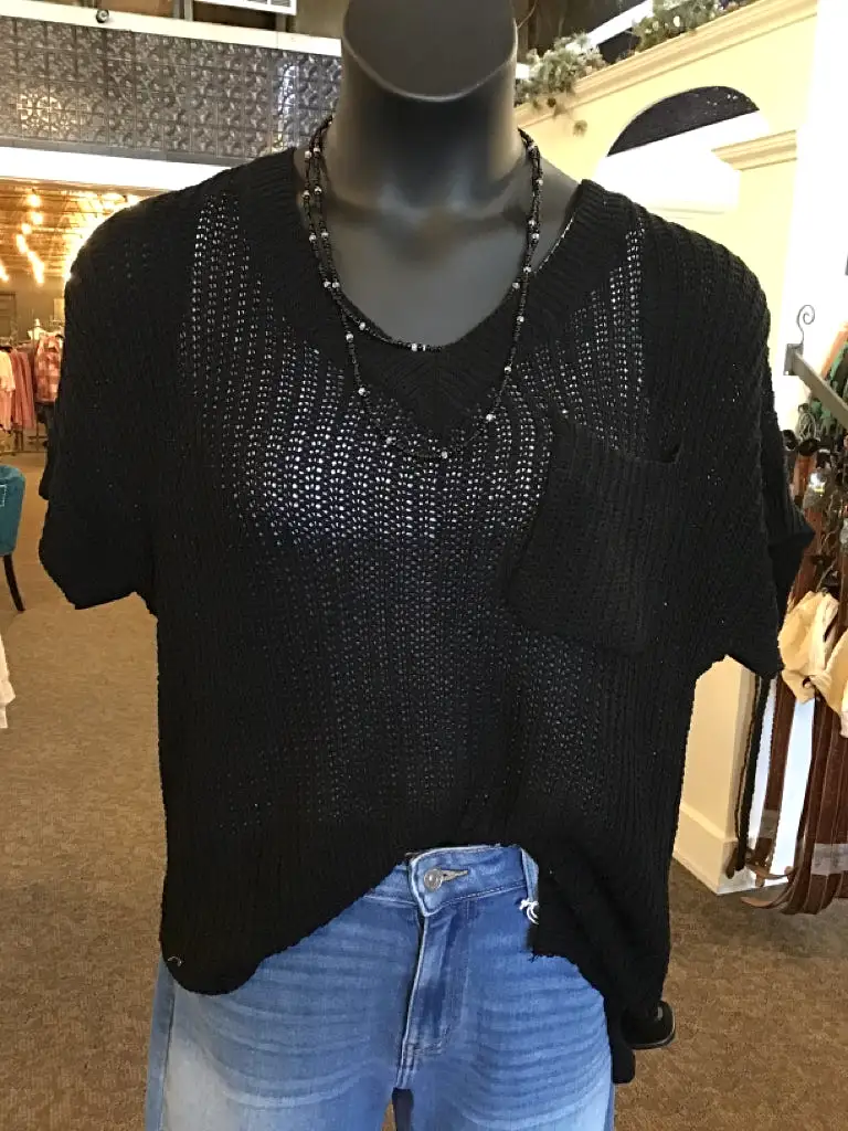 Black V Neck Short Sleeve Shaker Sweater - S to XL