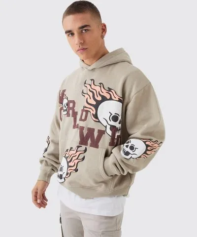 boohooMAN Mens Oversized Boxy Worldwide Embroidery Skull Applique Hoodie