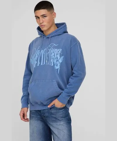 boohooMAN Mens Oversized Saint Tropez Renaissance Graphic Washed Hoodie