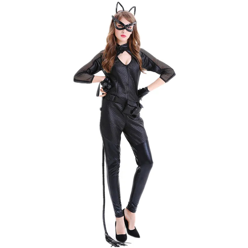 Cat Women Cosplay Costumes Sexy Black Synthetic Leather Catsuit