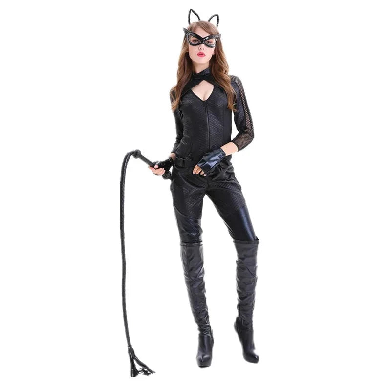 Cat Women Cosplay Costumes Sexy Black Synthetic Leather Catsuit