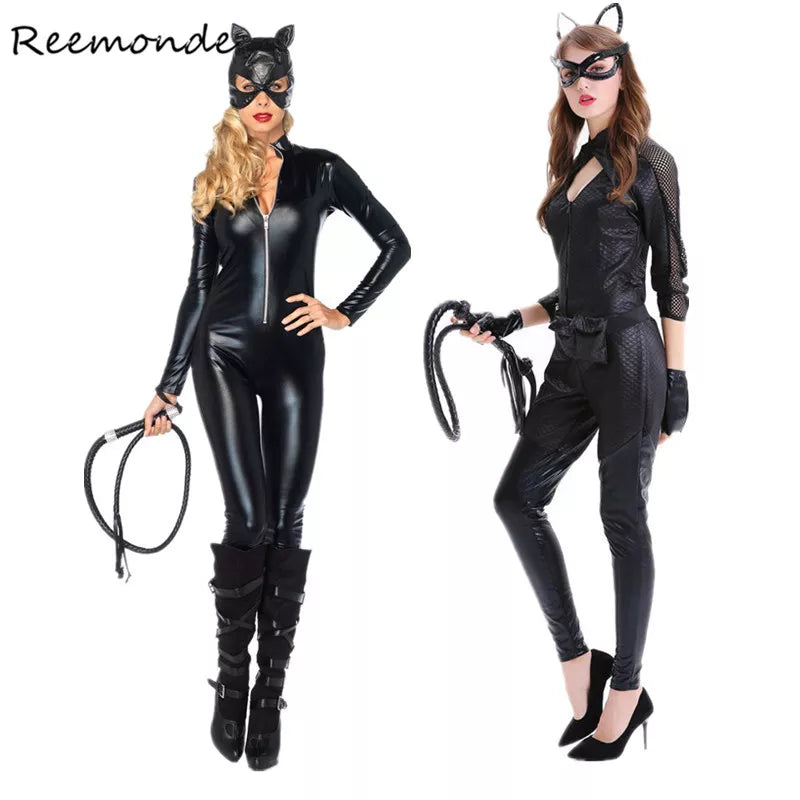 Cat Women Cosplay Costumes Sexy Black Synthetic Leather Catsuit