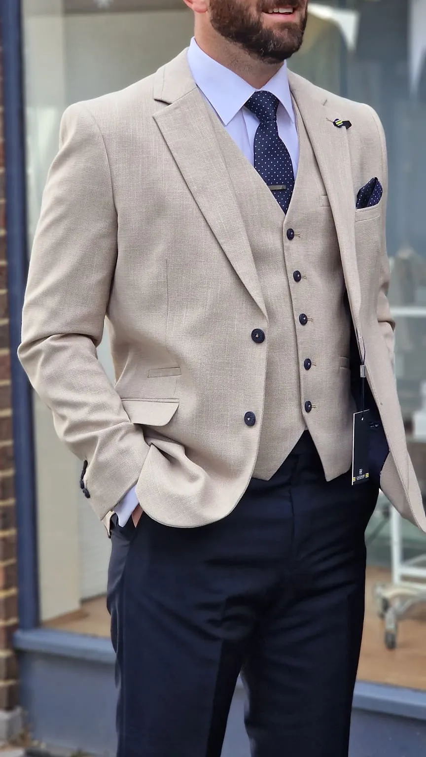 Cavani Miami Beige Three Piece Suit with Navy Trousers