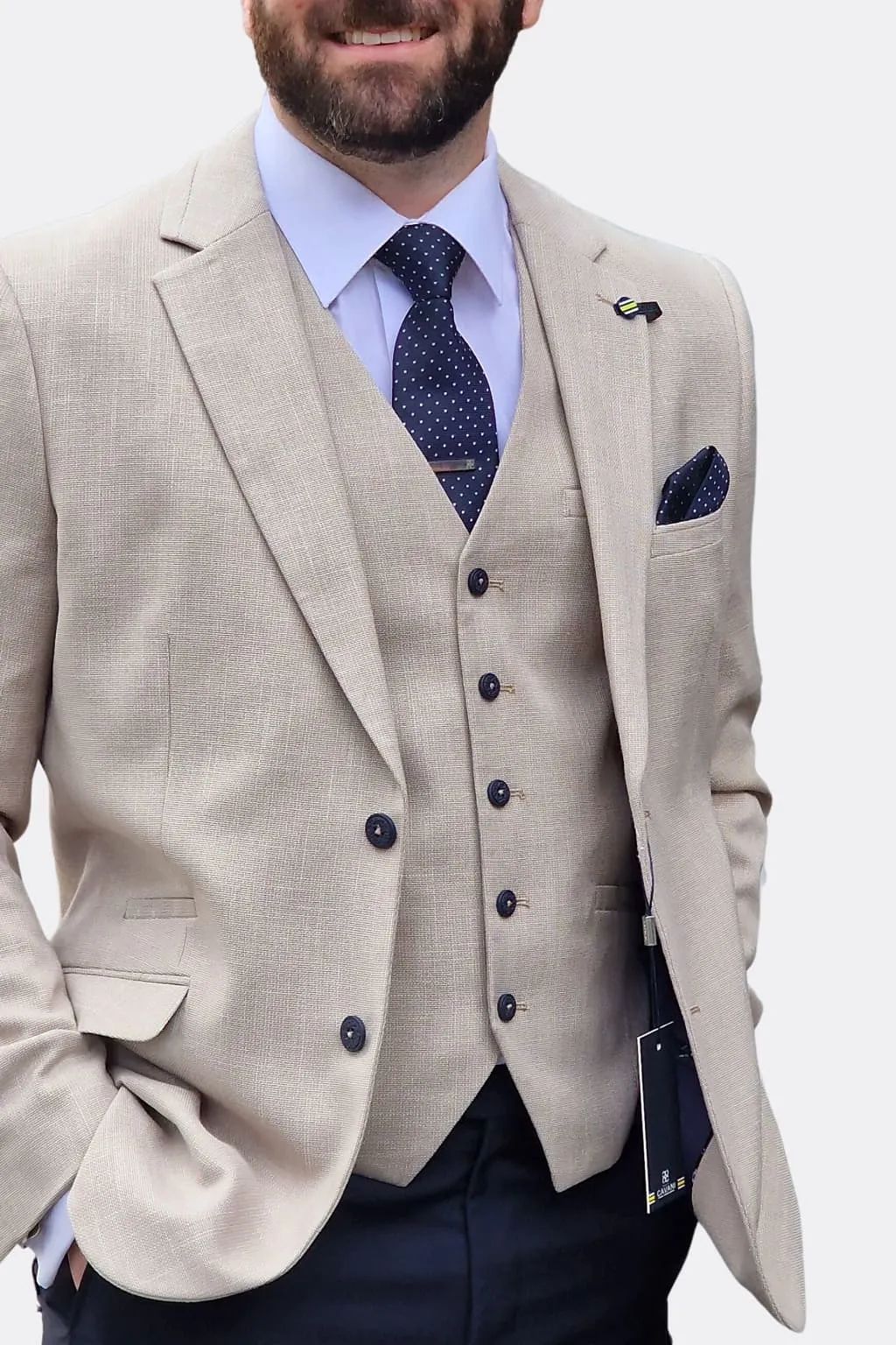 Cavani Miami Beige Three Piece Suit with Navy Trousers