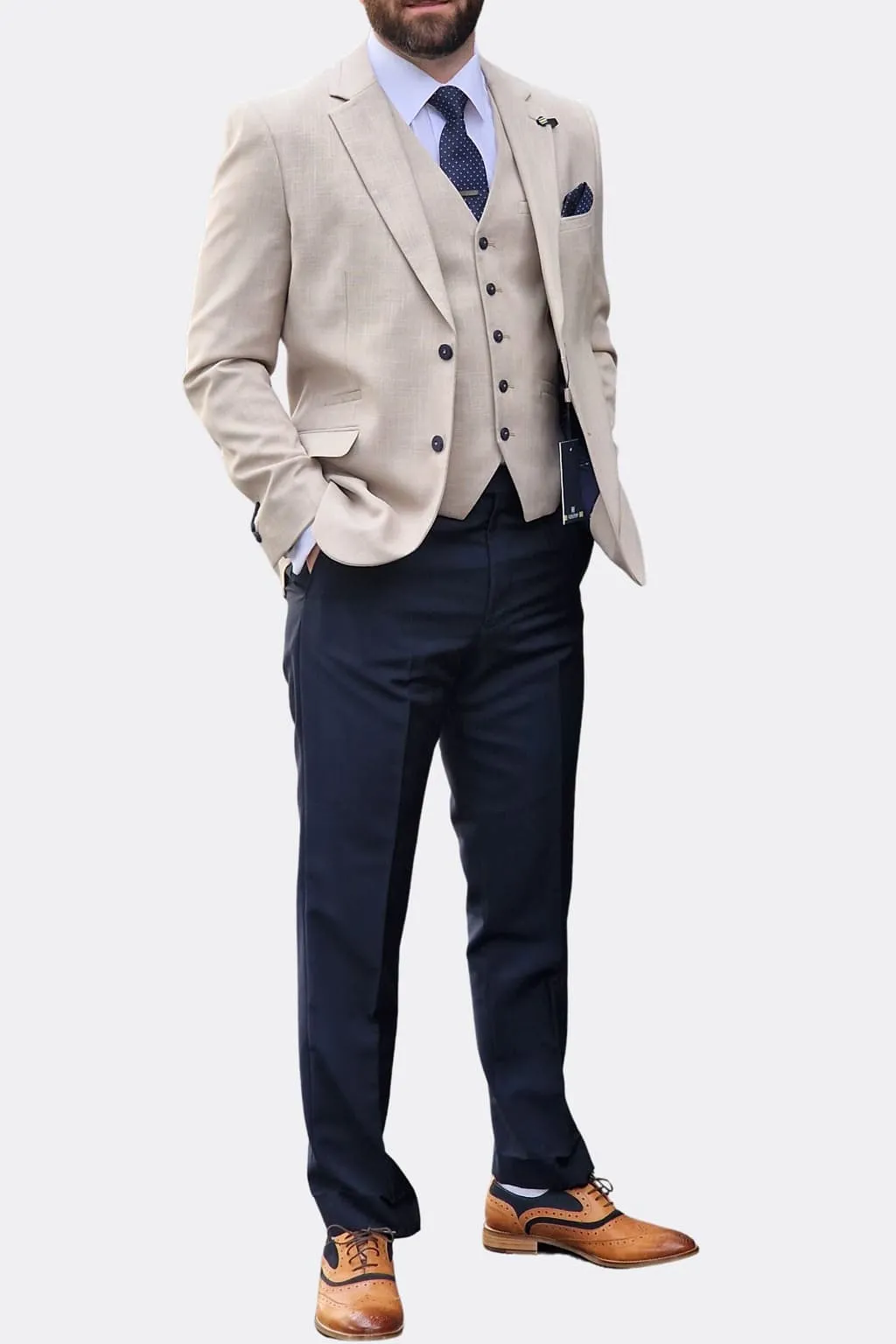 Cavani Miami Beige Three Piece Suit with Navy Trousers