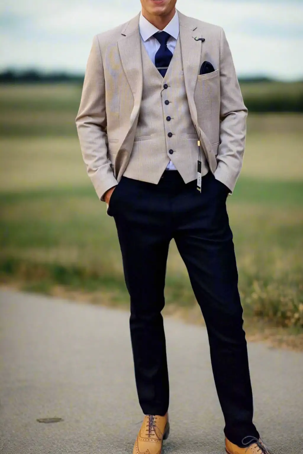 Cavani Miami Beige Three Piece Suit with Navy Trousers