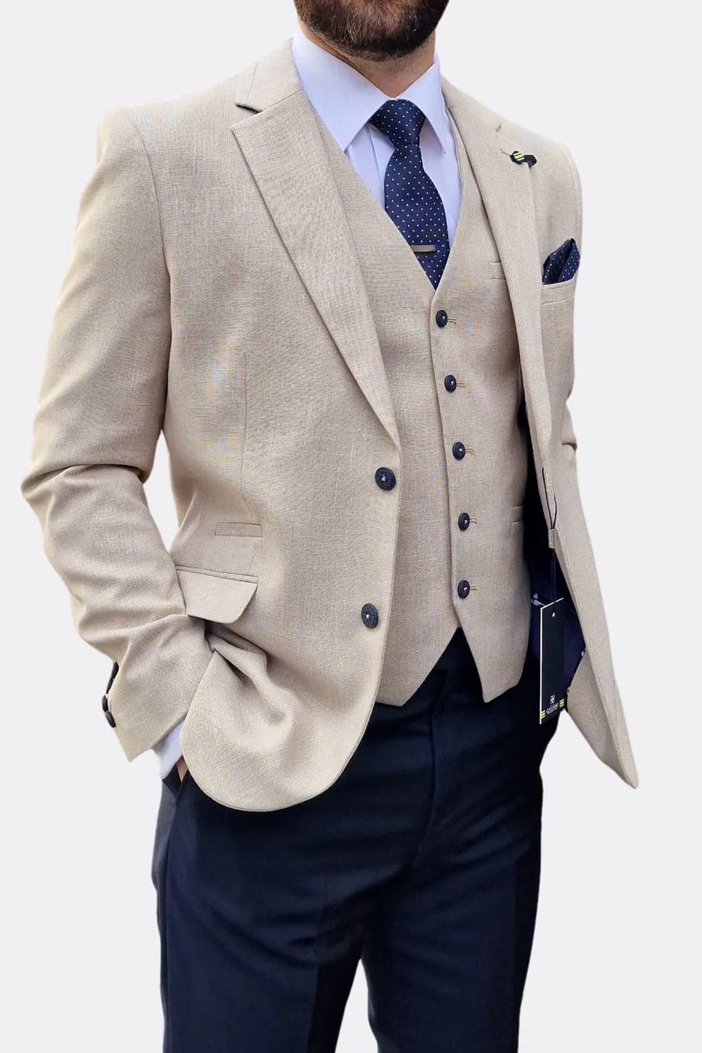 Cavani Miami Beige Three Piece Suit with Navy Trousers