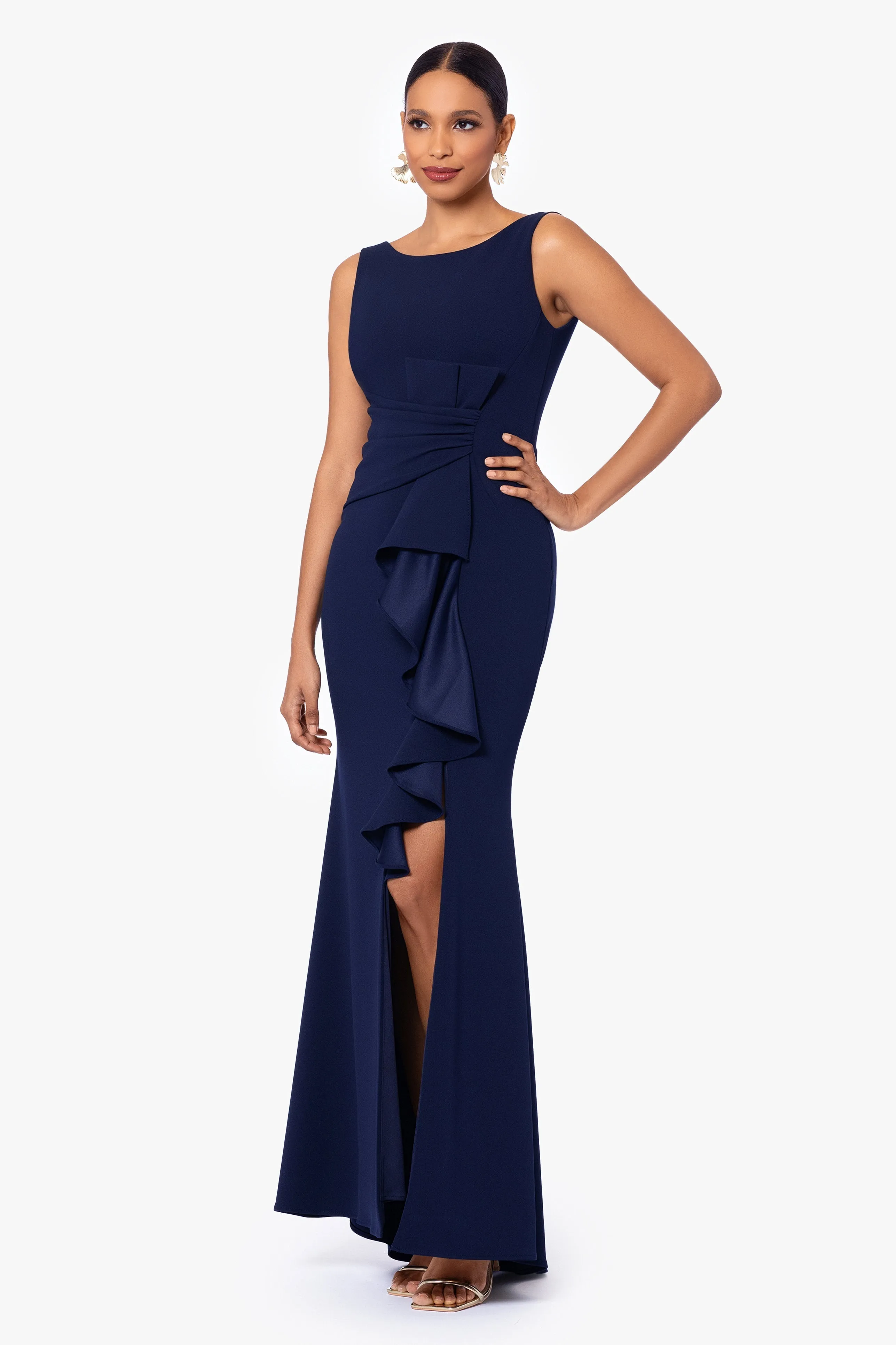 Christine Scuba Crepe Ruffled Bow Gown