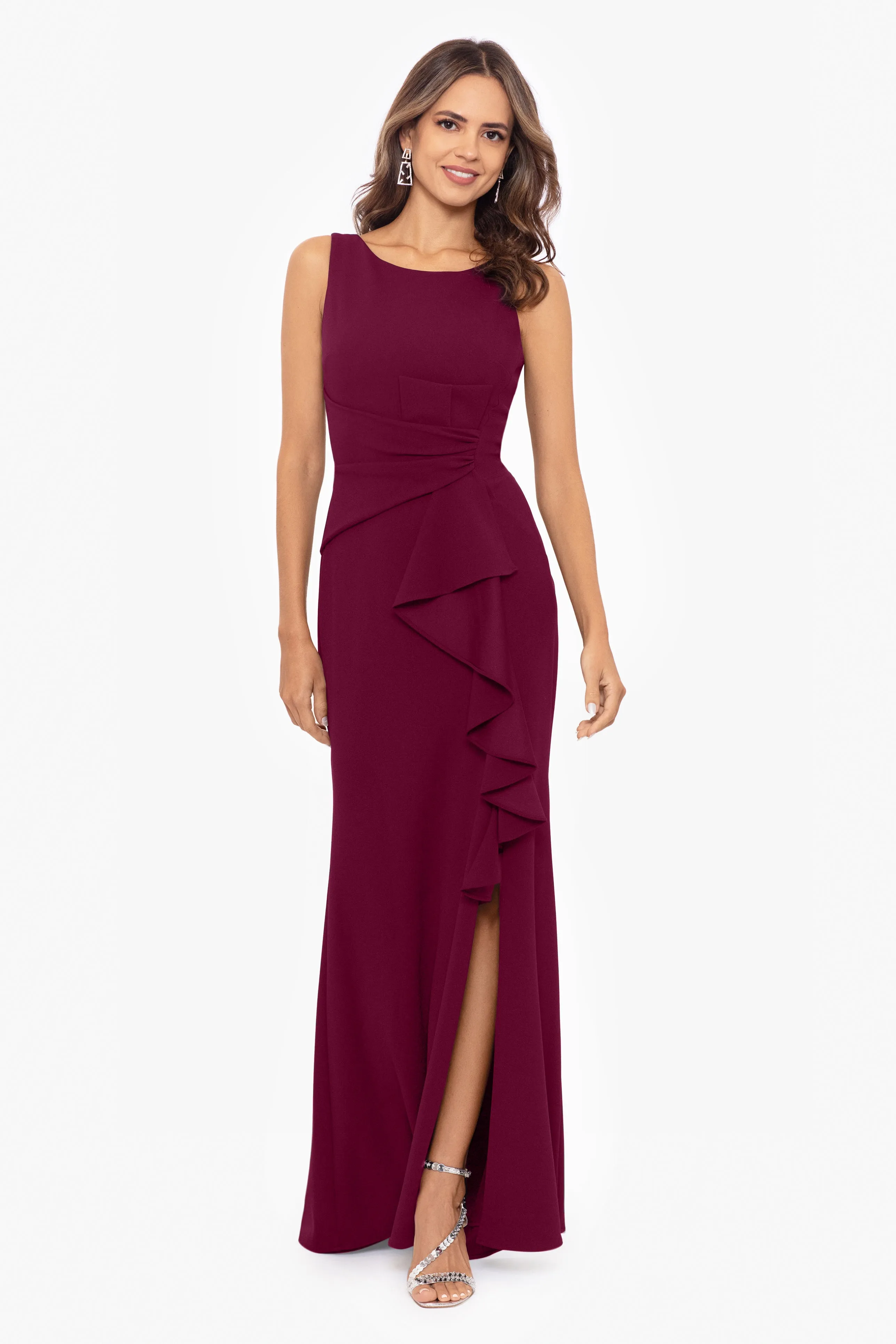 Christine Scuba Crepe Ruffled Bow Gown