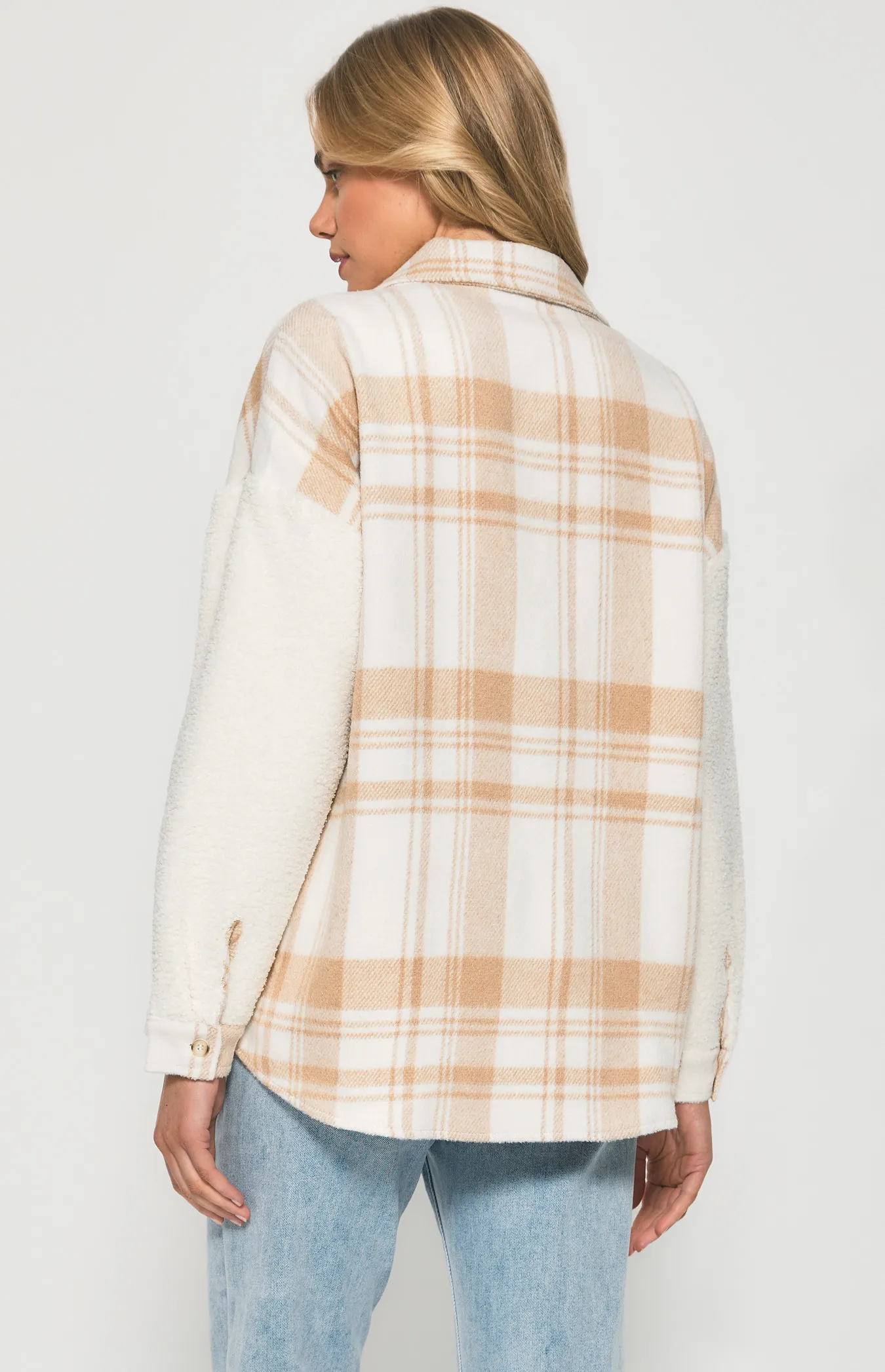 Contrast Panel Checkered Flanel and Faux Wool Jacket (SJT374A)