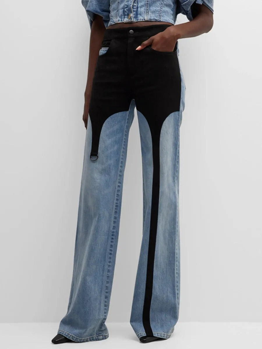 Contrast Straight  Tube High Waisted Jeans