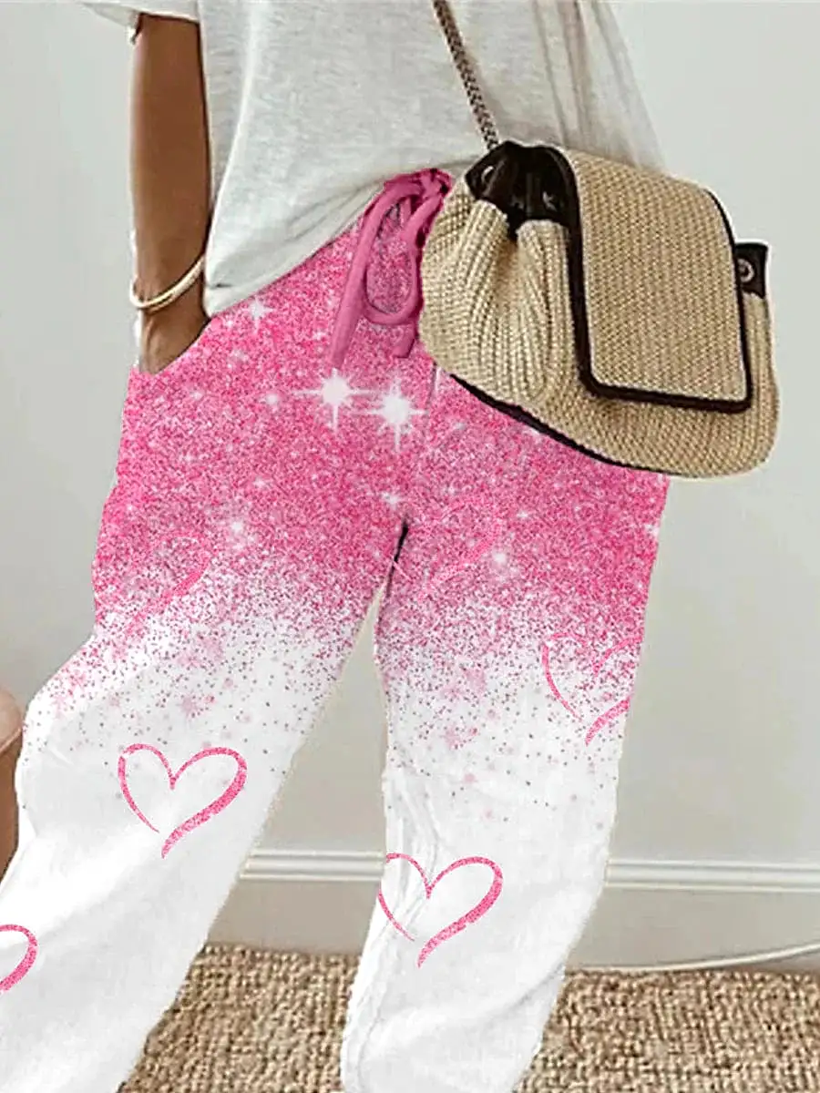 Cozy Pink Faux Linen Print High Waist Sweatpants for Women