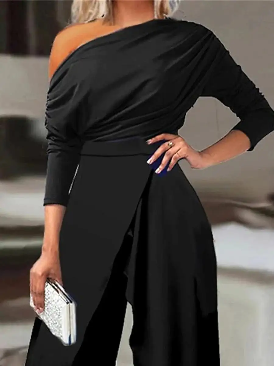 Elegant Black High Waist Jumpsuit with Split and Cold Shoulder for Women