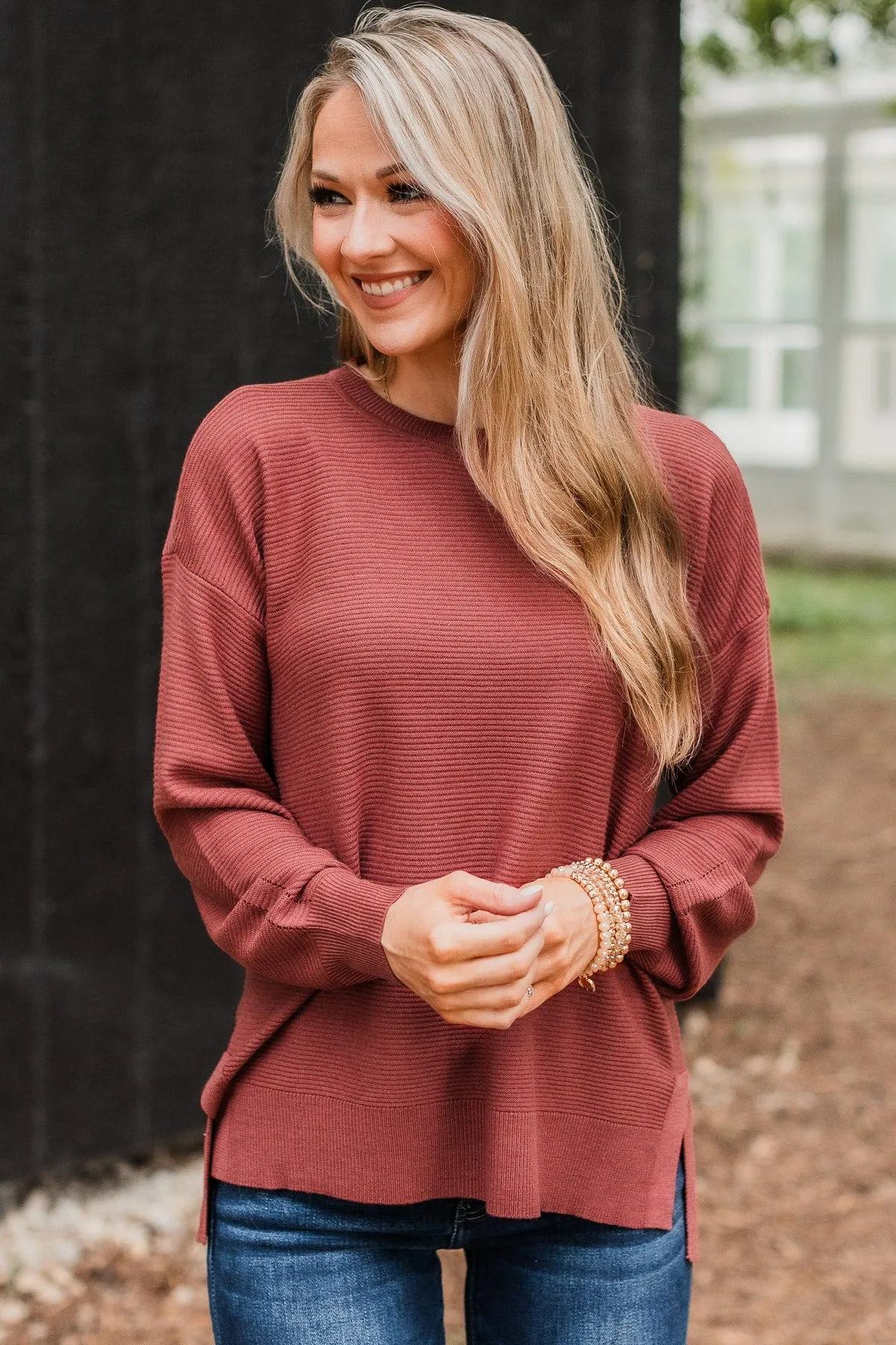 Everyday Dreams Ribbed Sweater- Rust