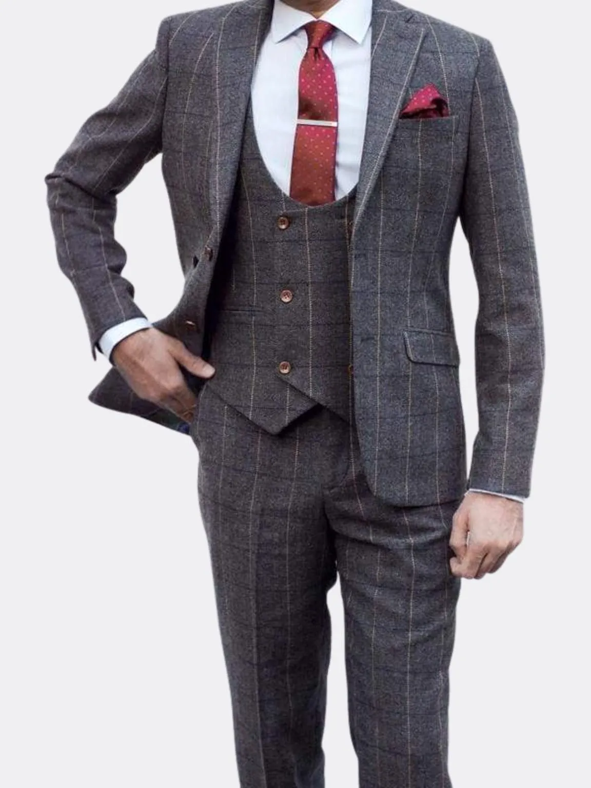 Ezra Men's  Grey Herringbone Slim Fit 3 Piece Tweed Suit