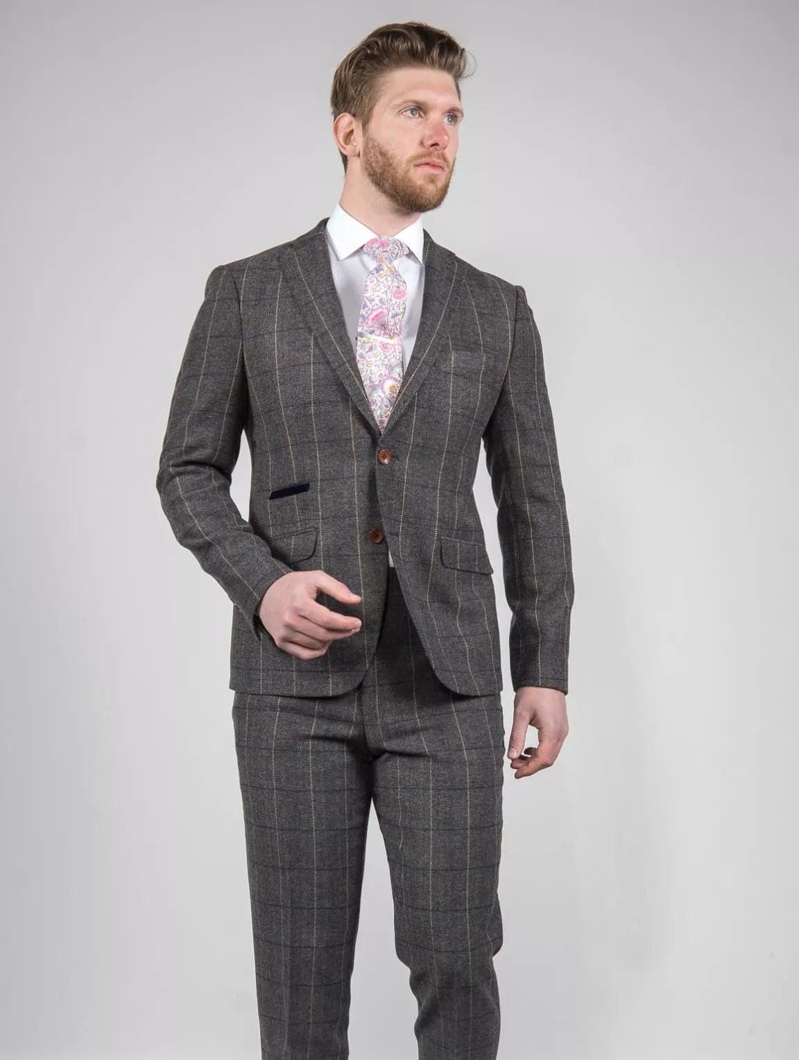 Ezra Men's  Grey Herringbone Slim Fit 3 Piece Tweed Suit