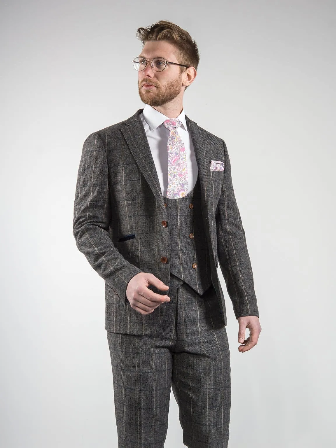 Ezra Men's  Grey Herringbone Slim Fit 3 Piece Tweed Suit