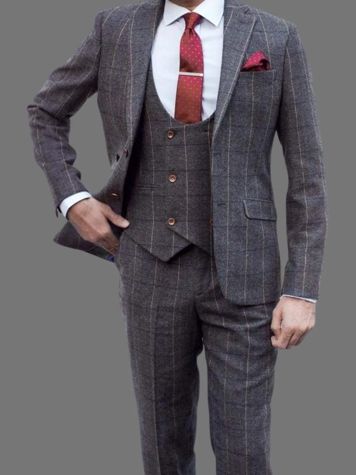 Ezra Men's  Grey Herringbone Slim Fit 3 Piece Tweed Suit