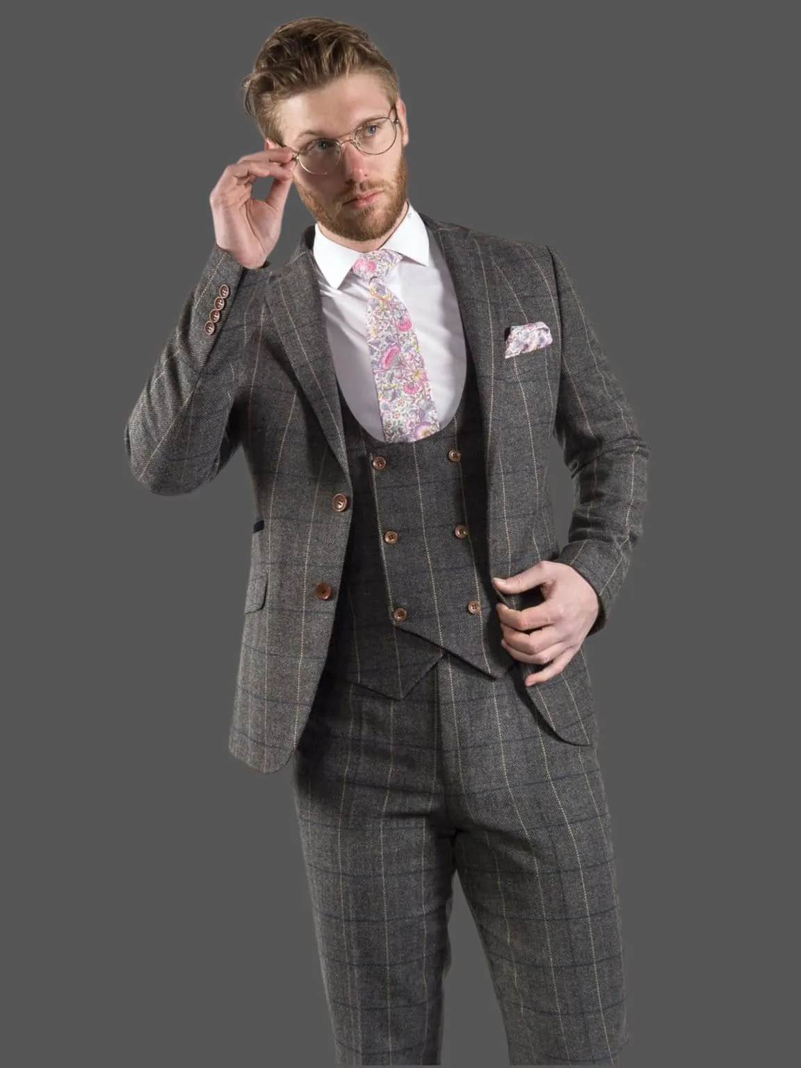 Ezra Men's  Grey Herringbone Slim Fit 3 Piece Tweed Suit