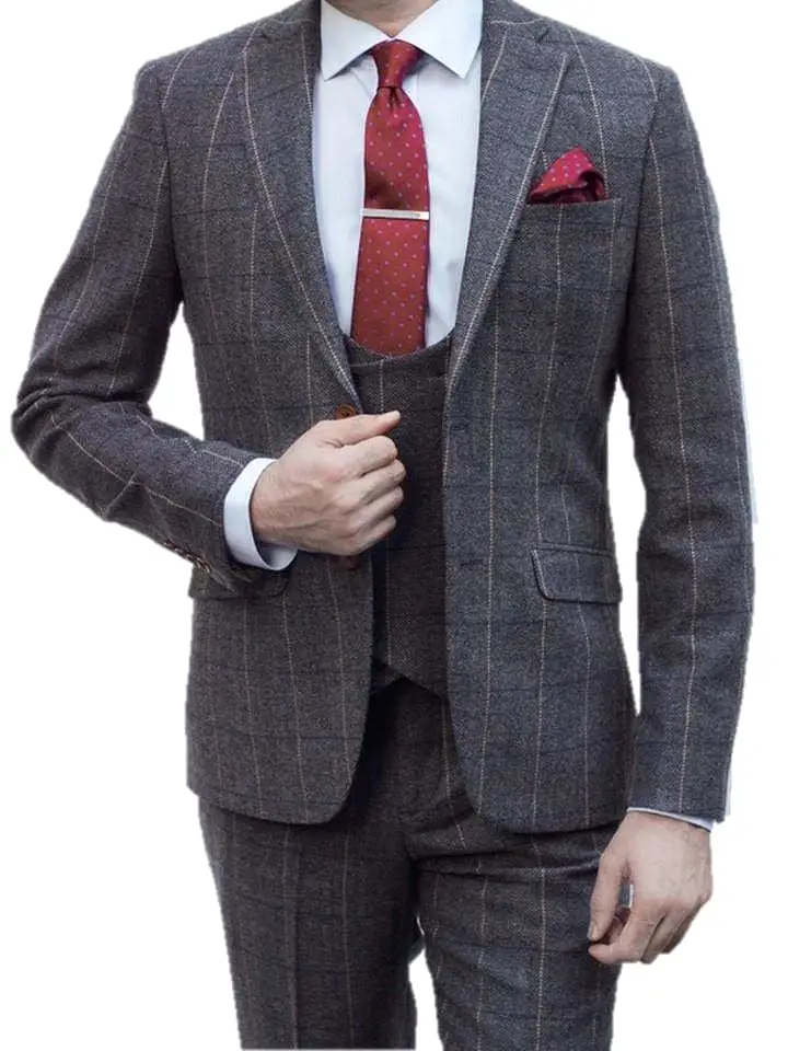 Ezra Men's  Grey Herringbone Slim Fit 3 Piece Tweed Suit