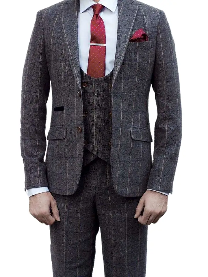 Ezra Men's  Grey Herringbone Slim Fit 3 Piece Tweed Suit