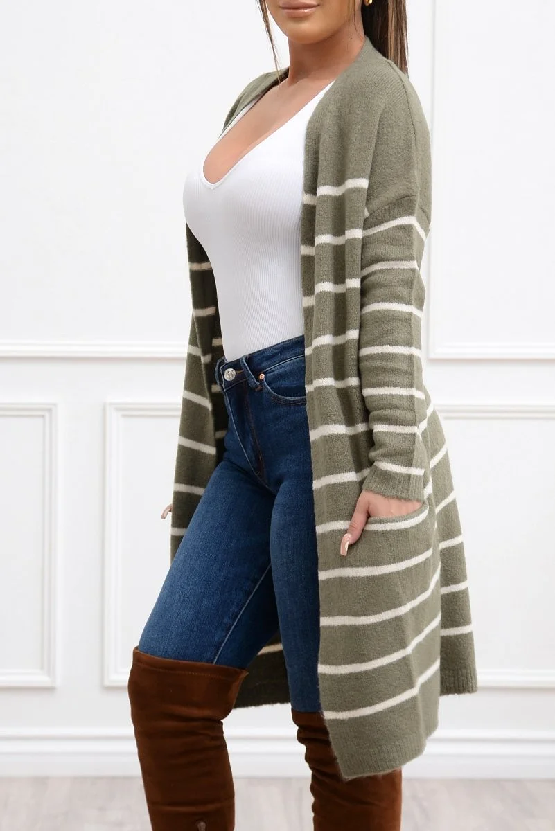 Fall Vibes Stripped Cardigan Olive/White