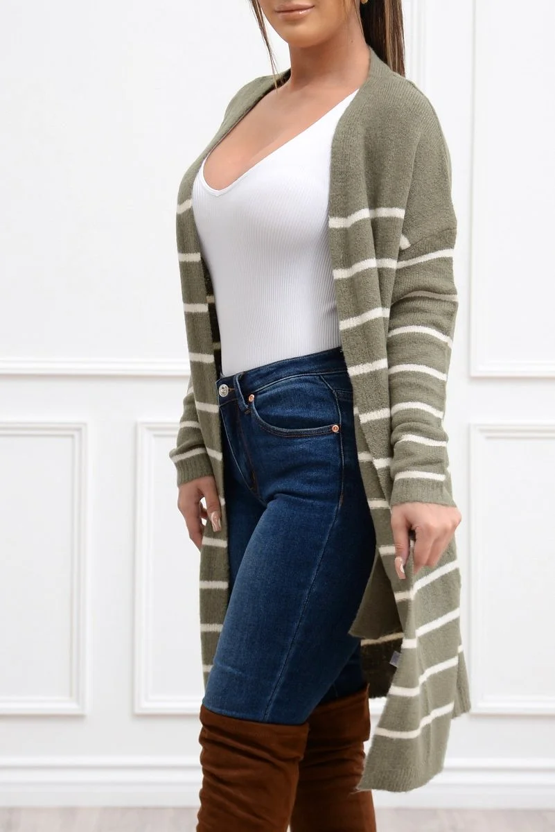 Fall Vibes Stripped Cardigan Olive/White