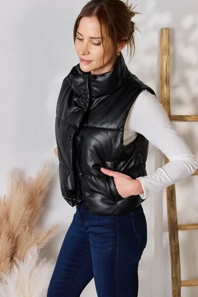 Faux Leather Snap and Zip Closure Vest Coat