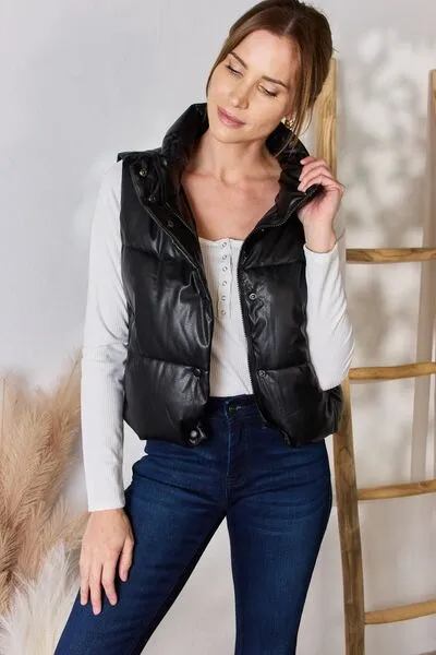 Faux Leather Snap and Zip Closure Vest Coat