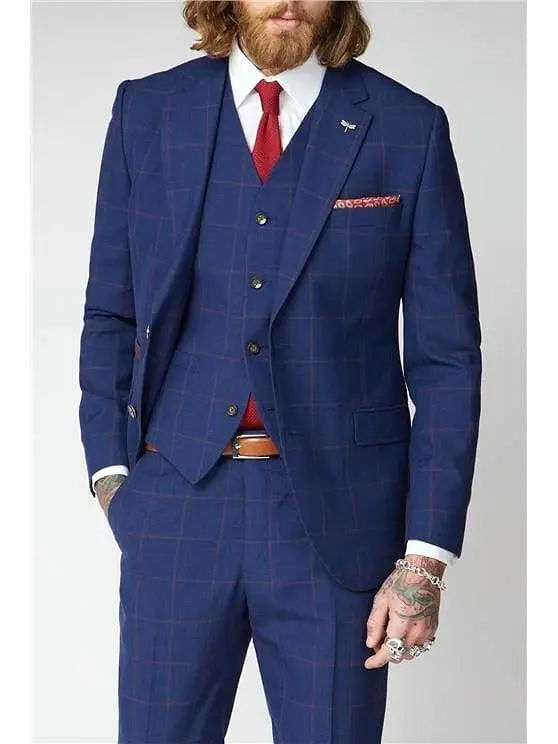 Gibson London Regent Navy / Burgundy Check 3 Piece Suit