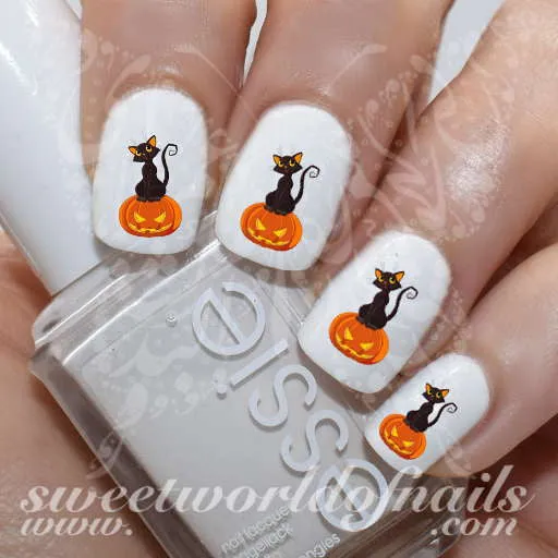 Halloween Nail Art Black cat sitting on Halloween pumpkin Decals Transfers