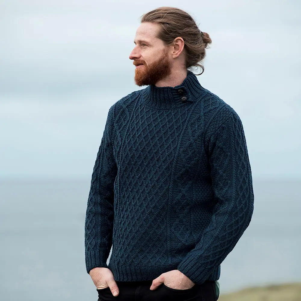 High Neck Aran Sweater with Button Collar