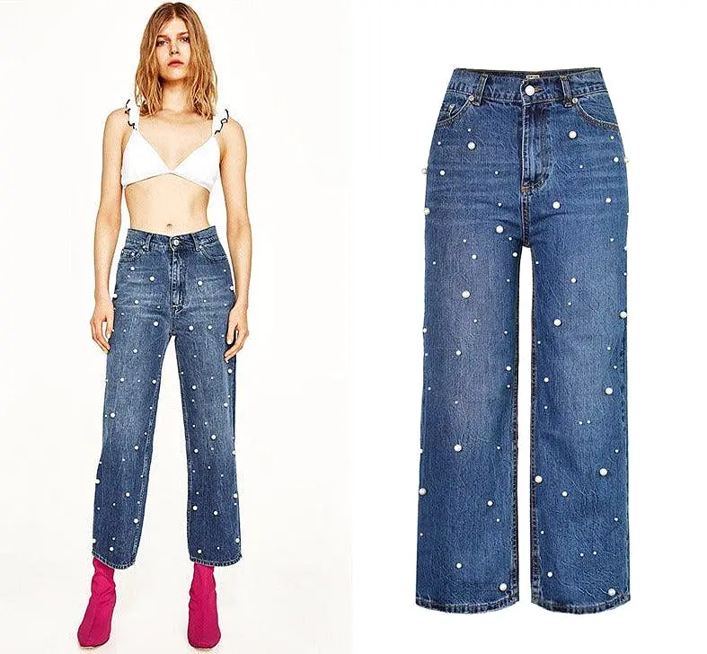 High Waist Flared Trousers Pearl Studded  Loose Jeans