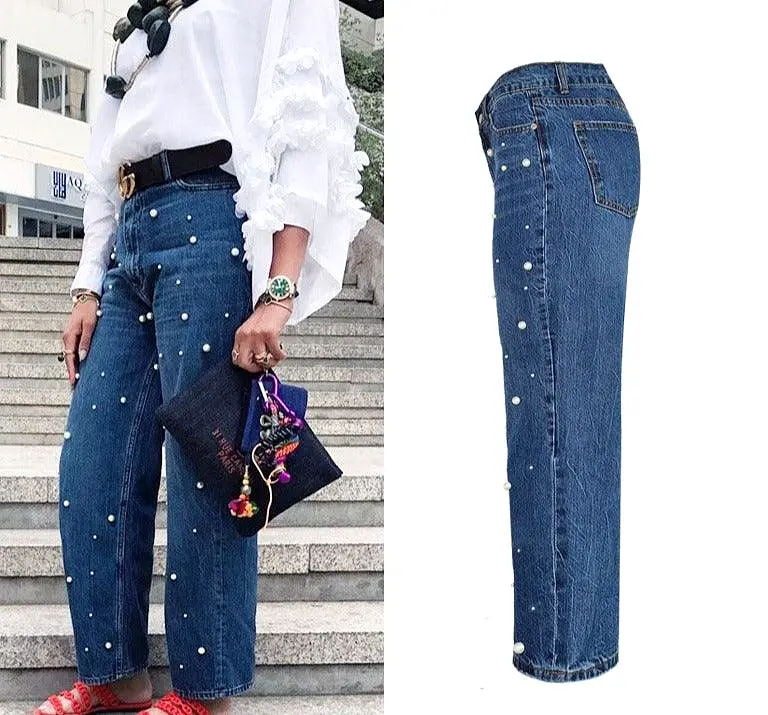 High Waist Flared Trousers Pearl Studded  Loose Jeans