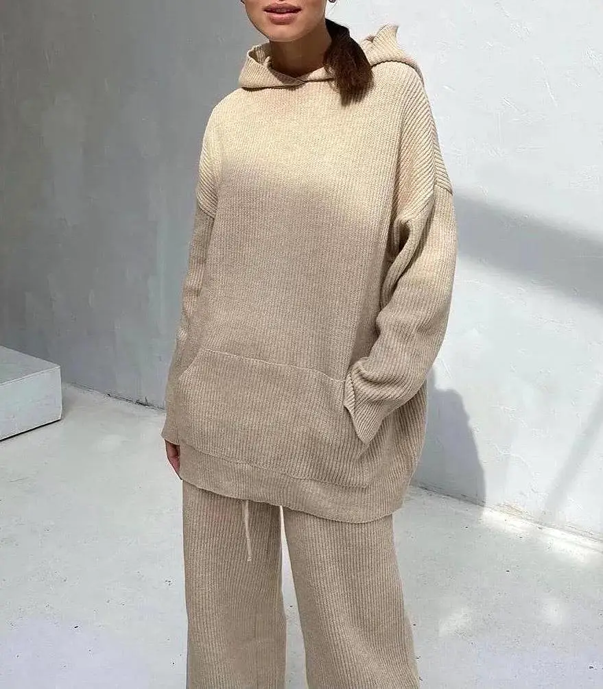 Hoodie Long Sleeve Top And Trouser Two Piece Knit Set