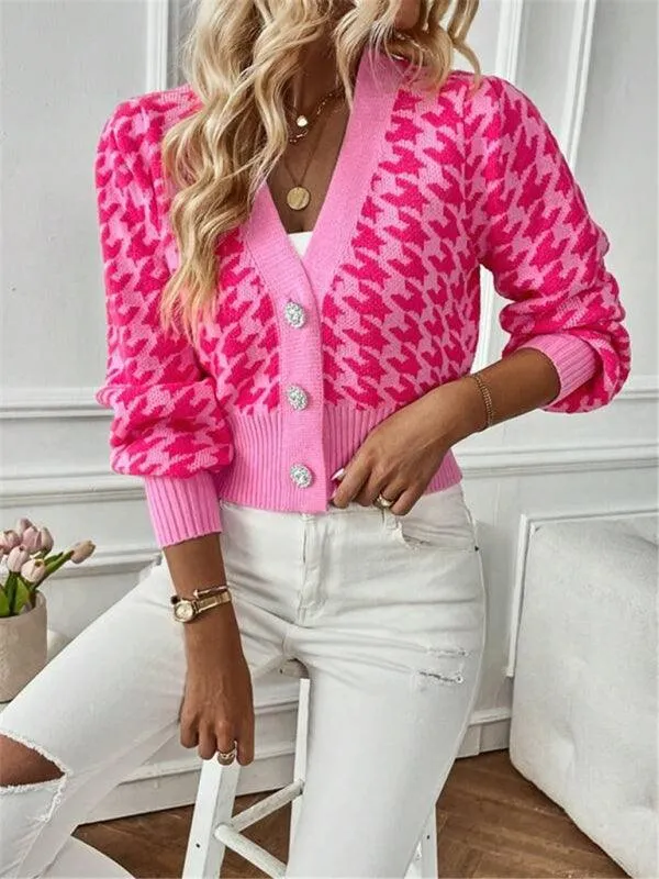 Houndstooth Lantern Sleeve Cardigan Sweater