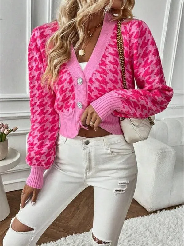 Houndstooth Lantern Sleeve Cardigan Sweater