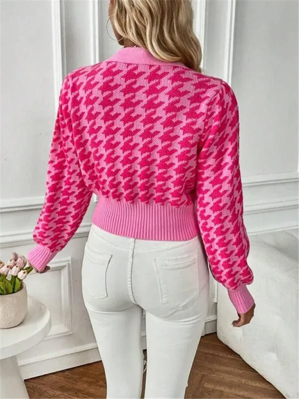 Houndstooth Lantern Sleeve Cardigan Sweater