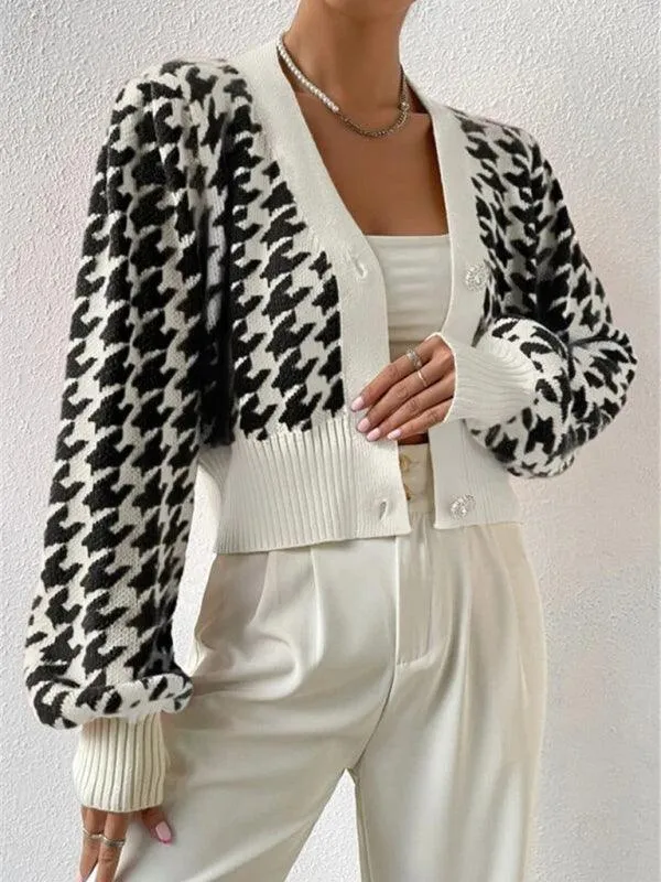 Houndstooth Lantern Sleeve Cardigan Sweater