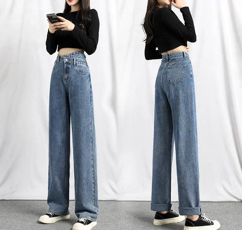 Irregular High Waist Slim Jeans Loose Straight Drapey Mopping