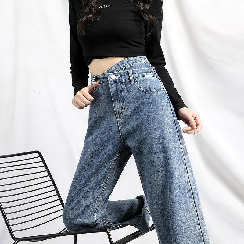 Irregular High Waist Slim Jeans Loose Straight Drapey Mopping