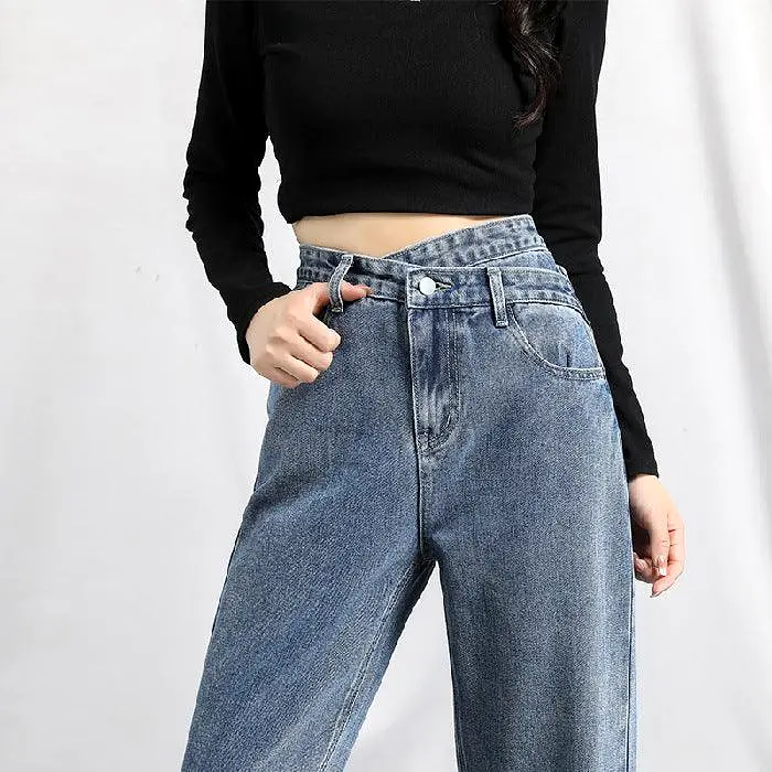 Irregular High Waist Slim Jeans Loose Straight Drapey Mopping